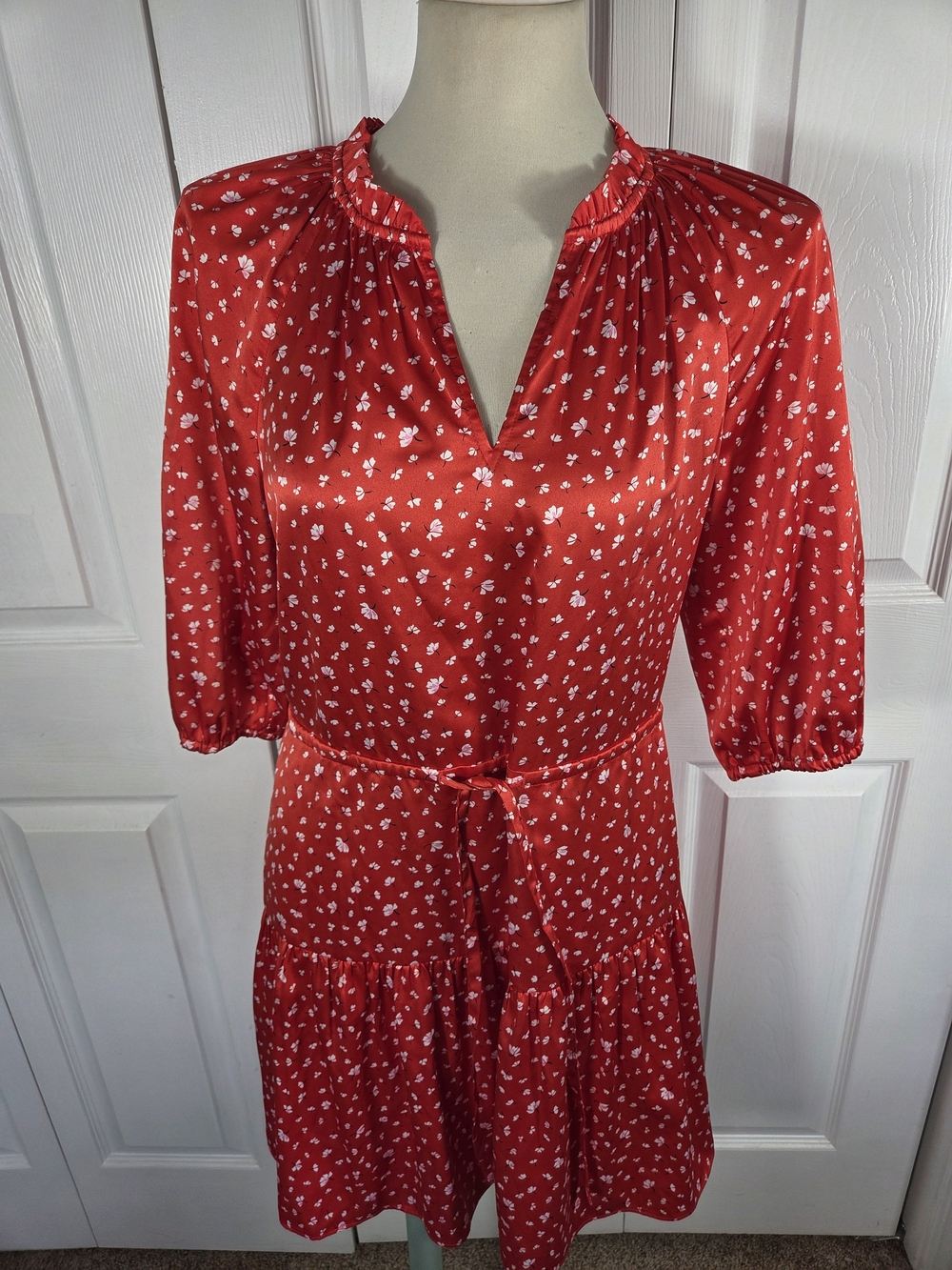 Draper James Red Floral Mini Dress Tie Waist Puff Sleeve Small - Picture 1 of 8